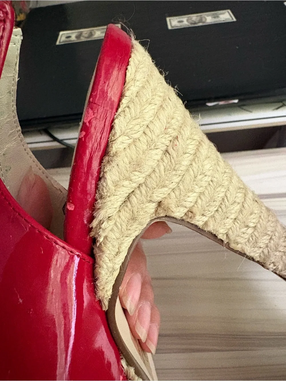 Spiegel Red Patent Peep-Toe Espadrille Wedges